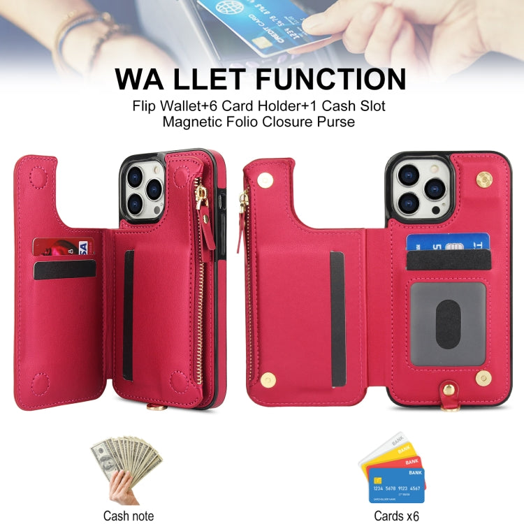 For iPhone 13 Pro Max Double Flap Zipper RFID Leather Phone Case with Short Lanyard