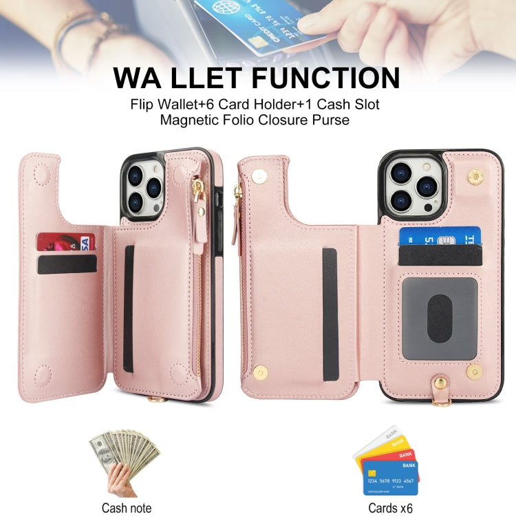 For iPhone 13 Pro Max Double Flap Zipper RFID Leather Phone Case with Short Lanyard