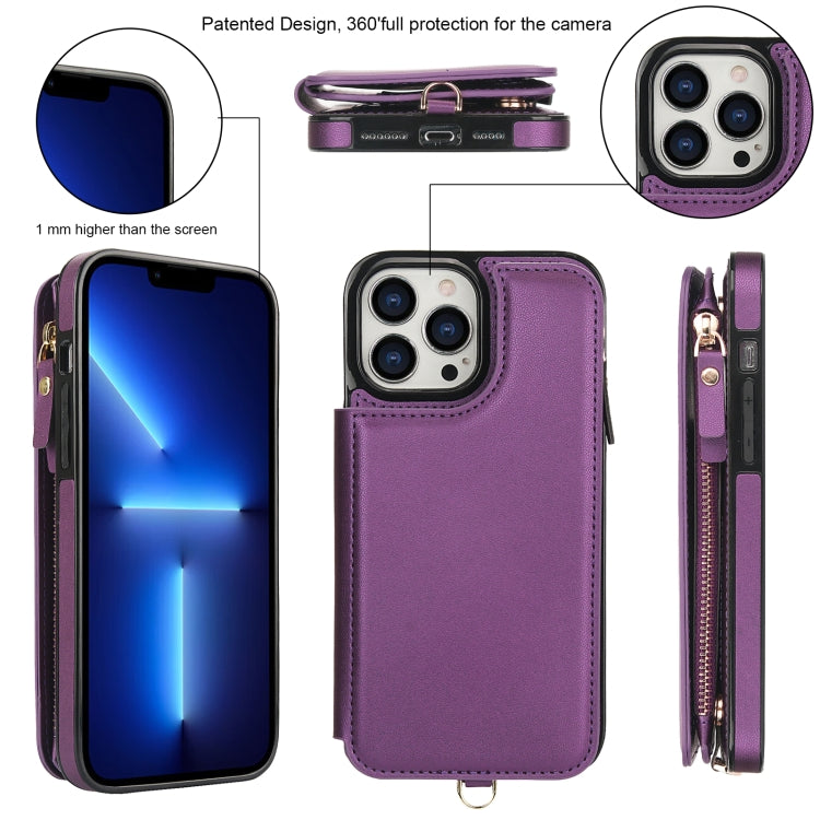 For iPhone 13 Pro Double Flap Zipper RFID Leather Phone Case with Short Lanyard