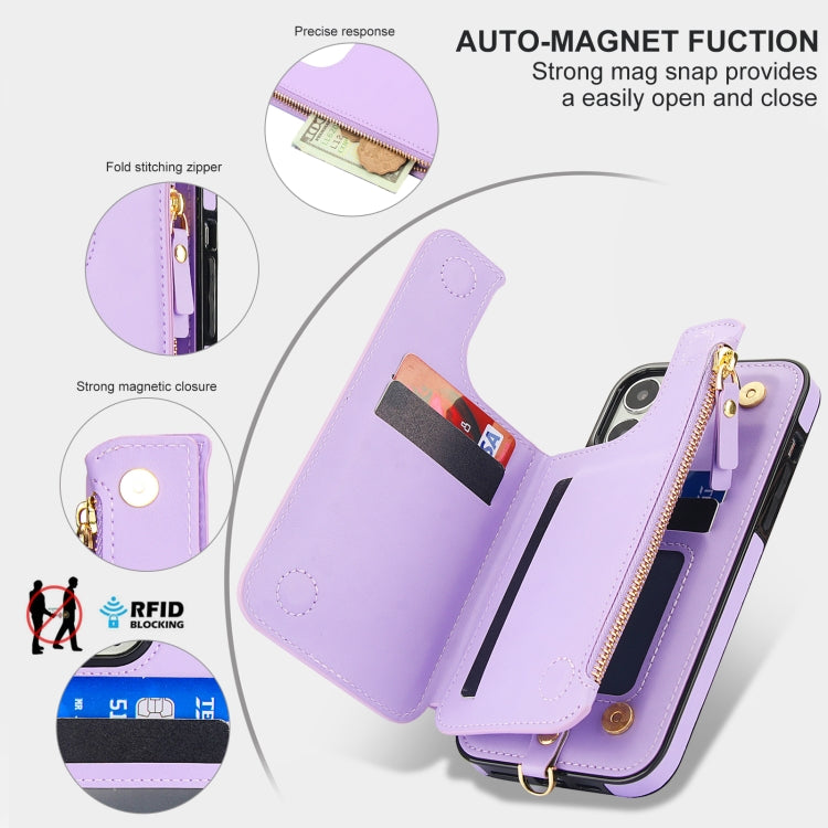For iPhone 13 Pro Double Flap Zipper RFID Leather Phone Case with Short Lanyard