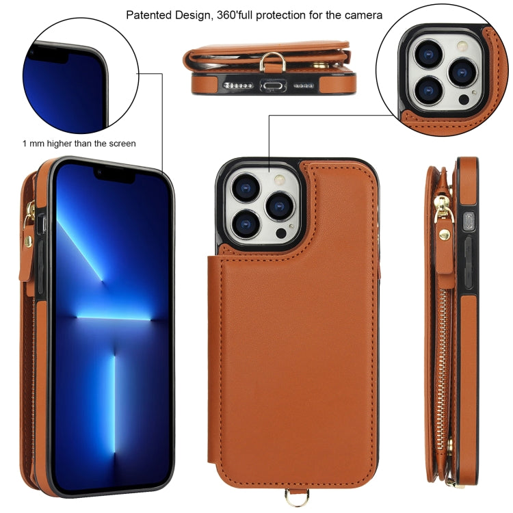 For iPhone 13 Pro Double Flap Zipper RFID Leather Phone Case with Short Lanyard