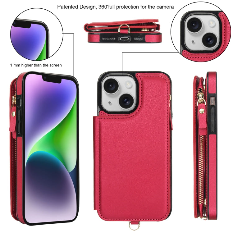 For iPhone 13 Double Flap Zipper RFID Leather Phone Case with Short Lanyard