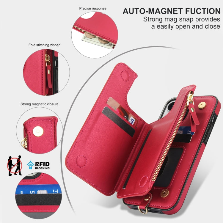 For iPhone 13 Double Flap Zipper RFID Leather Phone Case with Short Lanyard