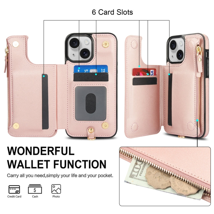 For iPhone 13 Double Flap Zipper RFID Leather Phone Case with Short Lanyard