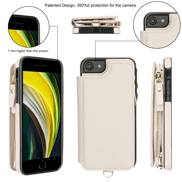 For iPhone SE 2022 / 2020 / 8 Double Flap Zipper RFID Leather Phone Case with Short Lanyard