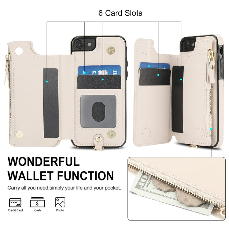 For iPhone SE 2022 / 2020 / 8 Double Flap Zipper RFID Leather Phone Case with Short Lanyard