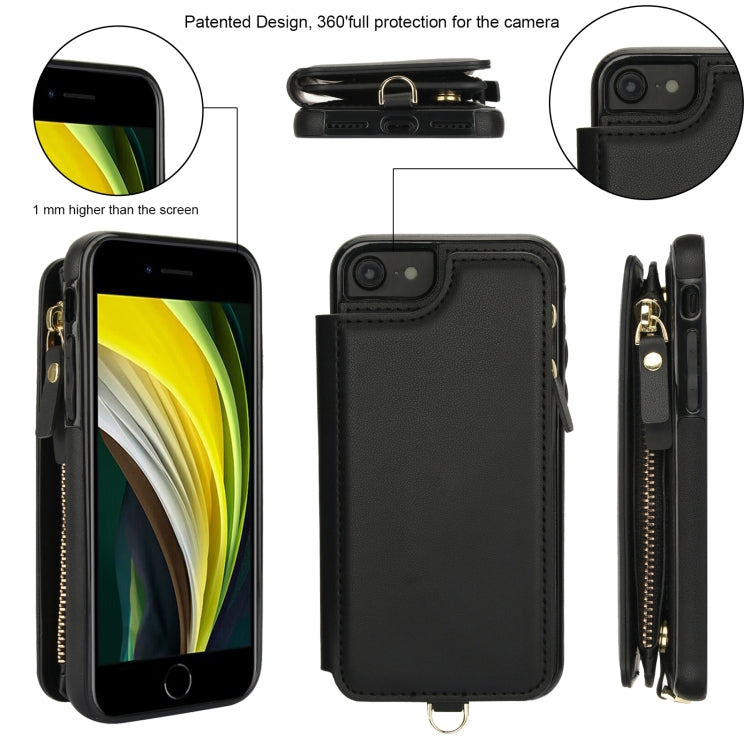 For iPhone SE 2022 / 2020 / 8 Double Flap Zipper RFID Leather Phone Case with Short Lanyard