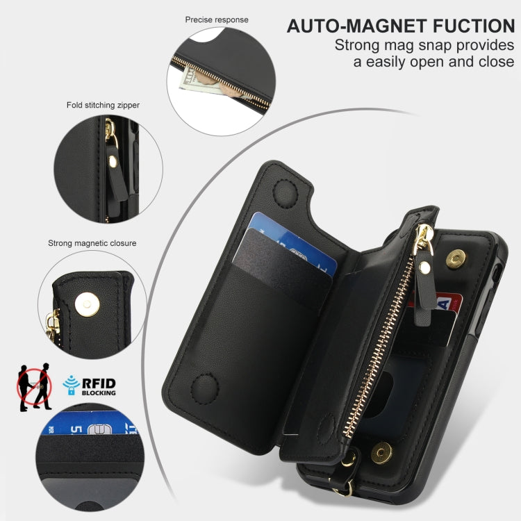 For iPhone SE 2022 / 2020 / 8 Double Flap Zipper RFID Leather Phone Case with Short Lanyard