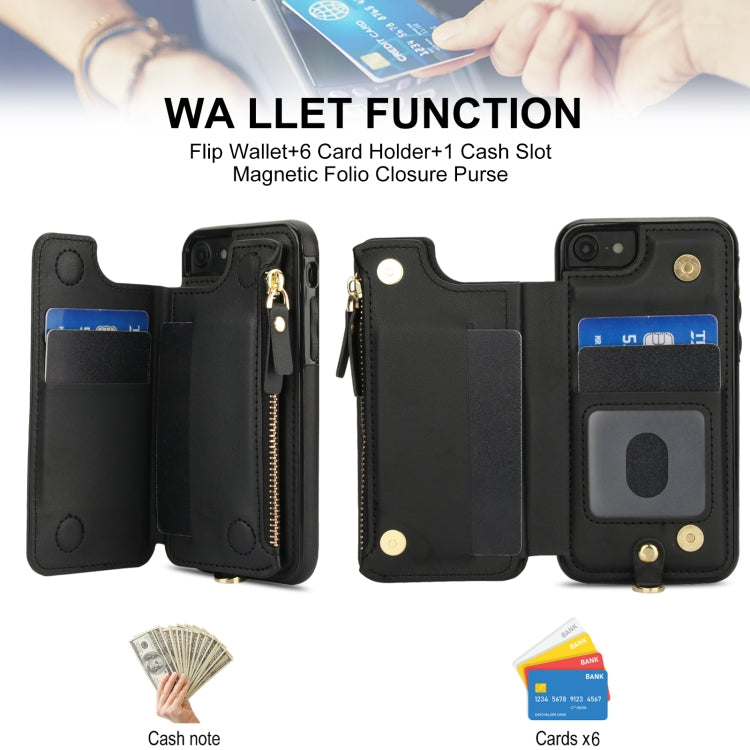 For iPhone SE 2022 / 2020 / 8 Double Flap Zipper RFID Leather Phone Case with Short Lanyard