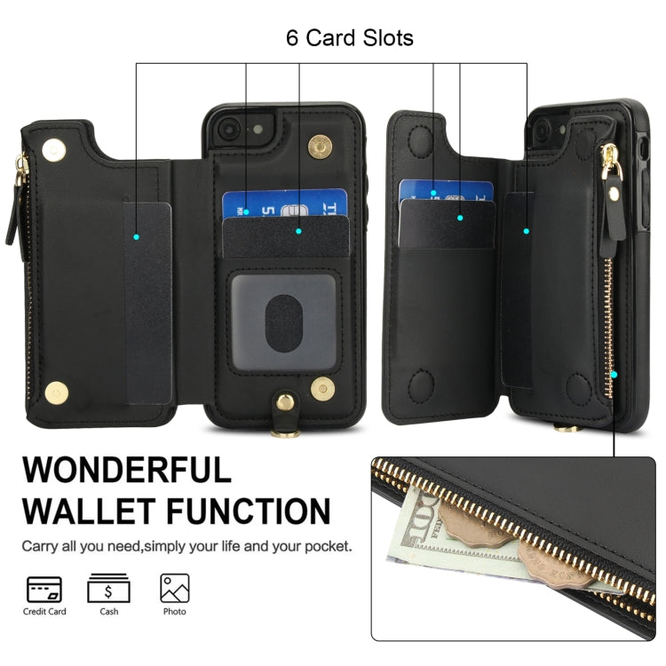 For iPhone SE 2022 / 2020 / 8 Double Flap Zipper RFID Leather Phone Case with Short Lanyard