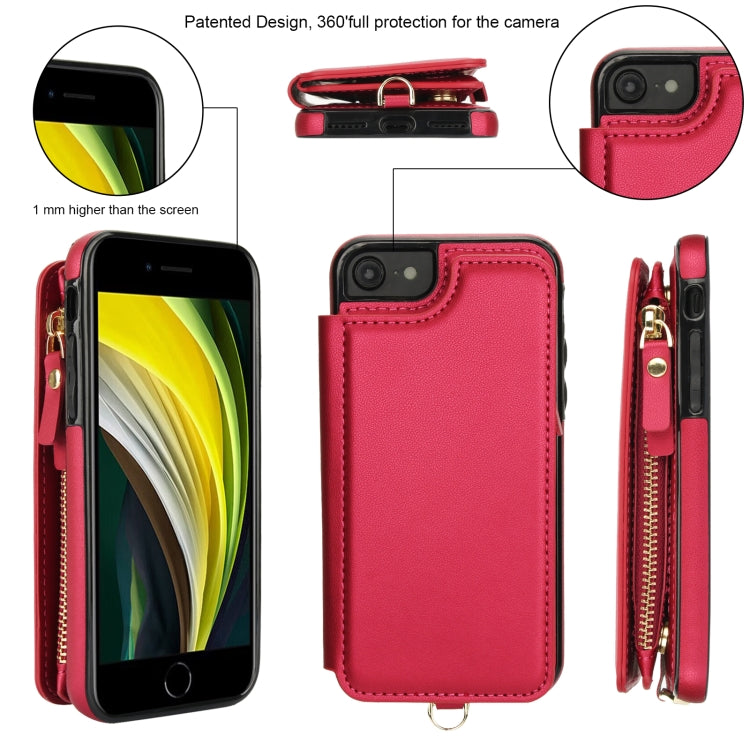 For iPhone SE 2022 / 2020 / 8 Double Flap Zipper RFID Leather Phone Case with Short Lanyard