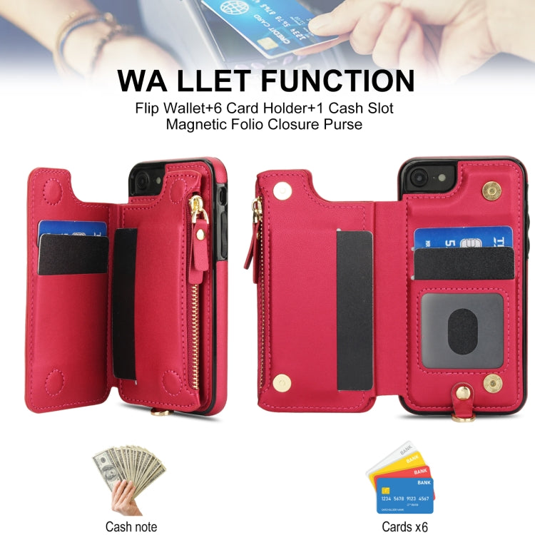 For iPhone SE 2022 / 2020 / 8 Double Flap Zipper RFID Leather Phone Case with Short Lanyard