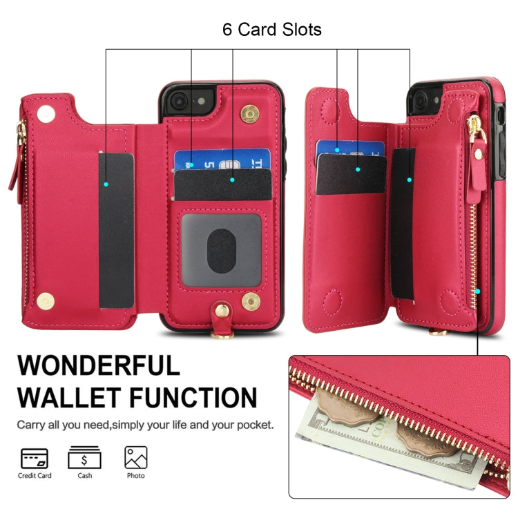 For iPhone SE 2022 / 2020 / 8 Double Flap Zipper RFID Leather Phone Case with Short Lanyard