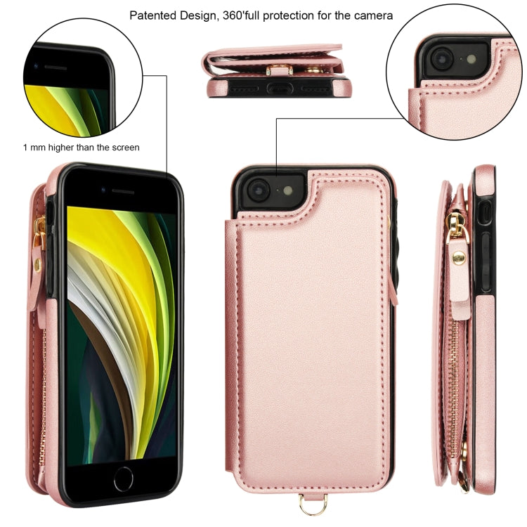 For iPhone SE 2022 / 2020 / 8 Double Flap Zipper RFID Leather Phone Case with Short Lanyard