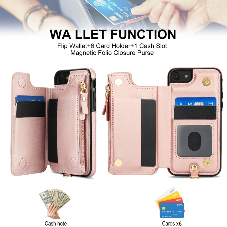 For iPhone SE 2022 / 2020 / 8 Double Flap Zipper RFID Leather Phone Case with Short Lanyard