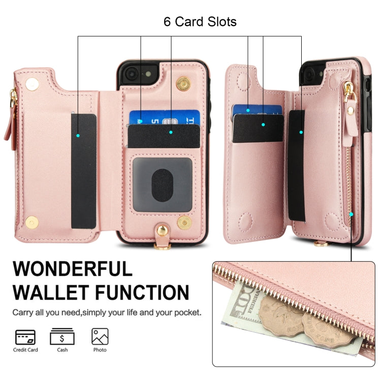 For iPhone SE 2022 / 2020 / 8 Double Flap Zipper RFID Leather Phone Case with Short Lanyard