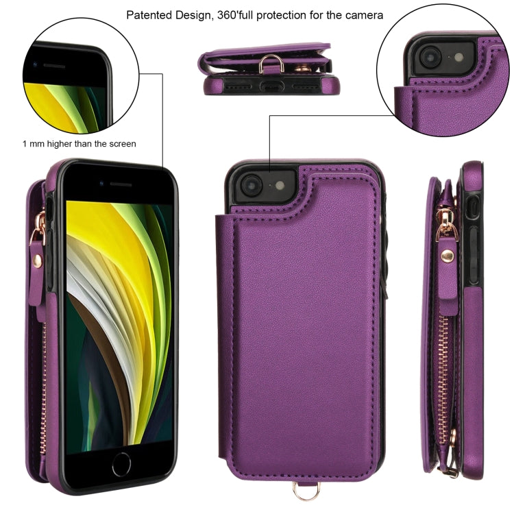 For iPhone SE 2022 / 2020 / 8 Double Flap Zipper RFID Leather Phone Case with Short Lanyard