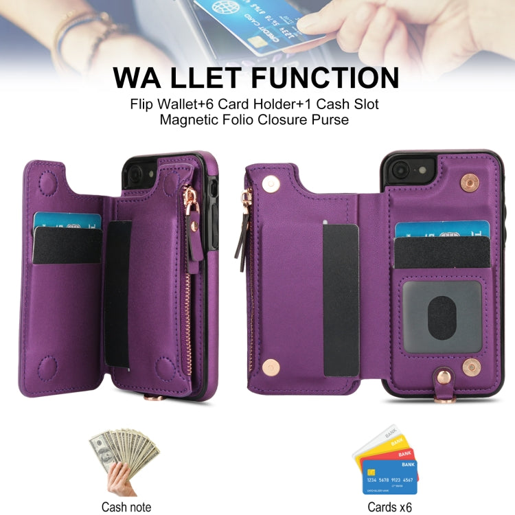 For iPhone SE 2022 / 2020 / 8 Double Flap Zipper RFID Leather Phone Case with Short Lanyard