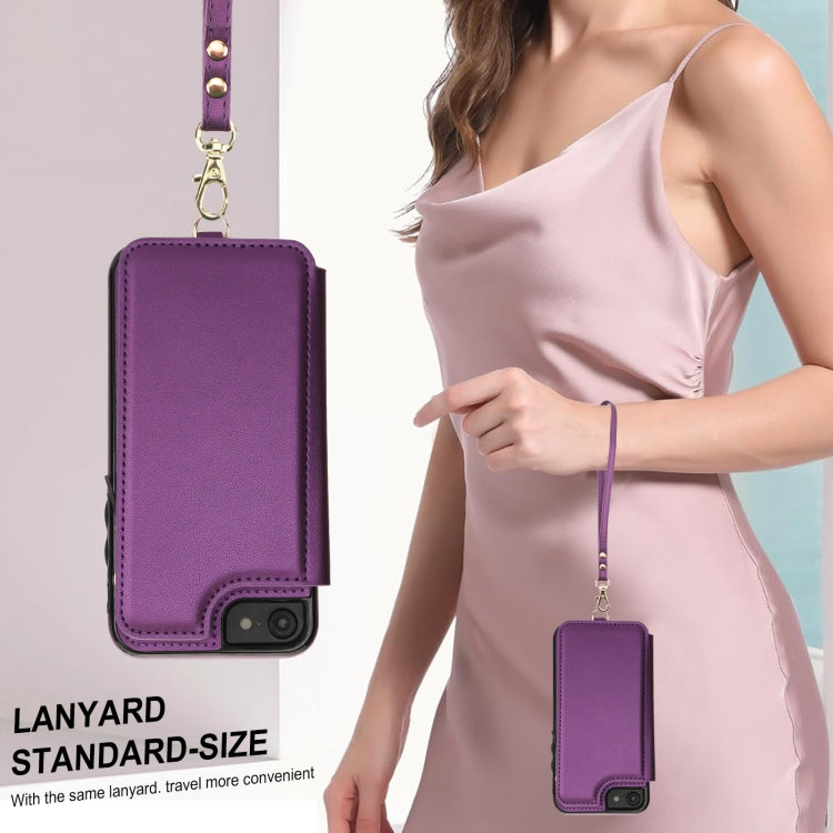 For iPhone SE 2022 / 2020 / 8 Double Flap Zipper RFID Leather Phone Case with Short Lanyard