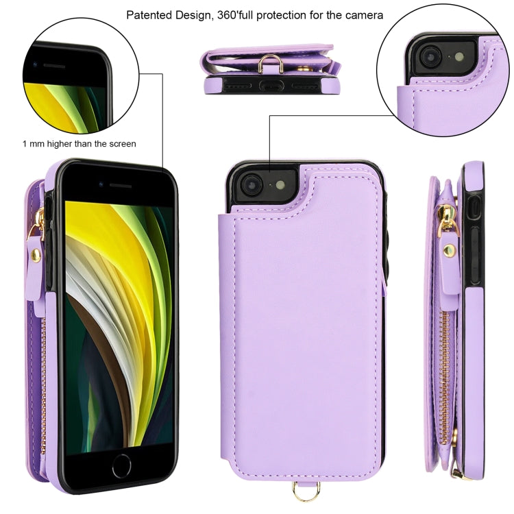 For iPhone SE 2022 / 2020 / 8 Double Flap Zipper RFID Leather Phone Case with Short Lanyard