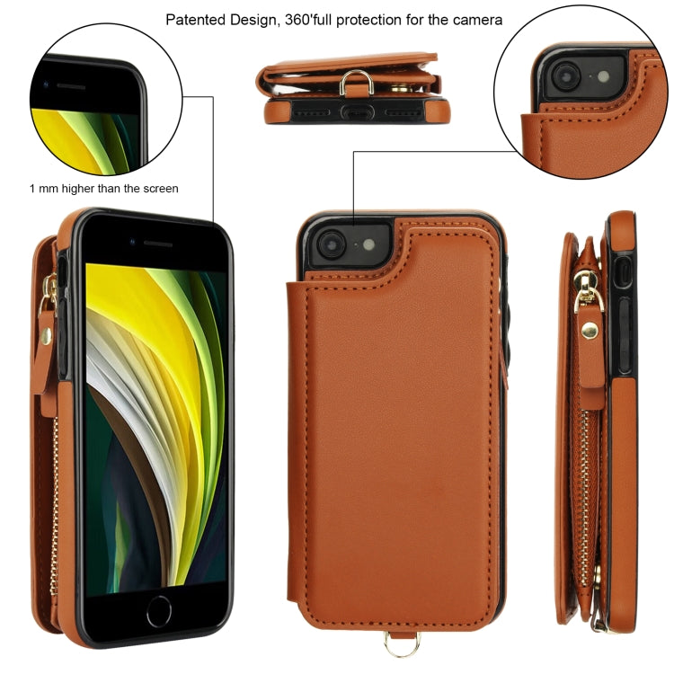 For iPhone SE 2022 / 2020 / 8 Double Flap Zipper RFID Leather Phone Case with Short Lanyard