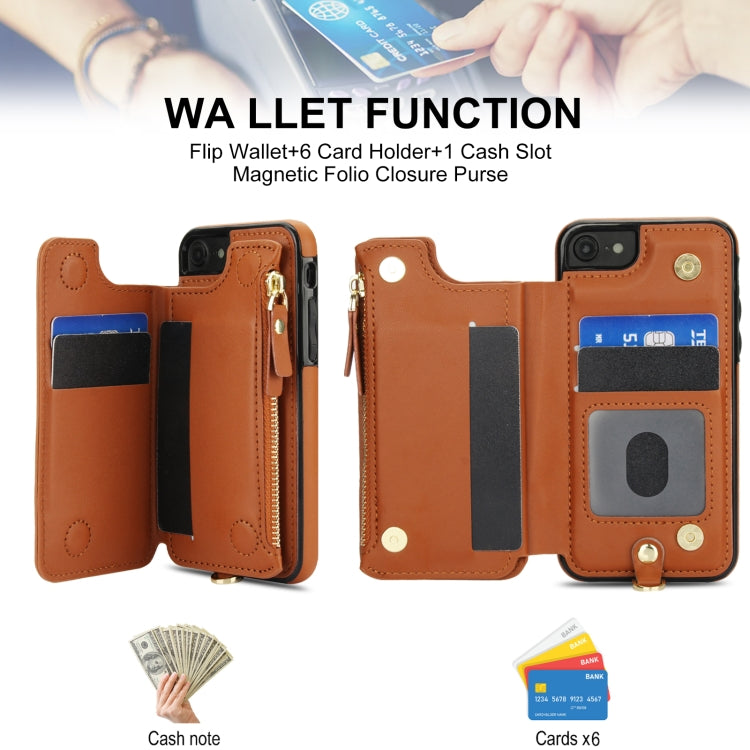 For iPhone SE 2022 / 2020 / 8 Double Flap Zipper RFID Leather Phone Case with Short Lanyard