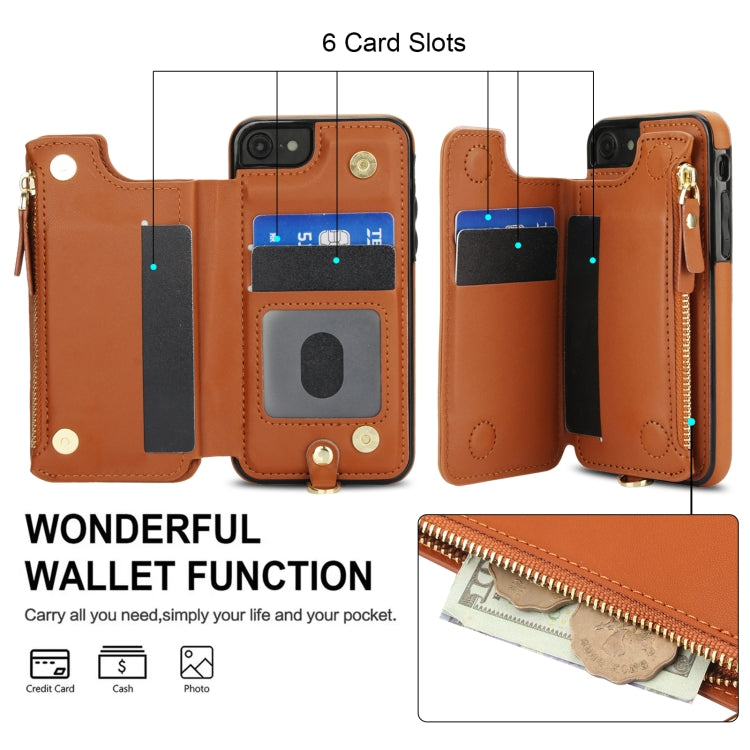 For iPhone SE 2022 / 2020 / 8 Double Flap Zipper RFID Leather Phone Case with Short Lanyard