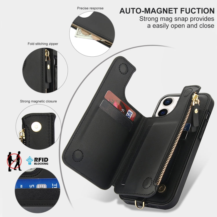 For iPhone 12 Double Flap Zipper RFID Leather Phone Case with Short Lanyard