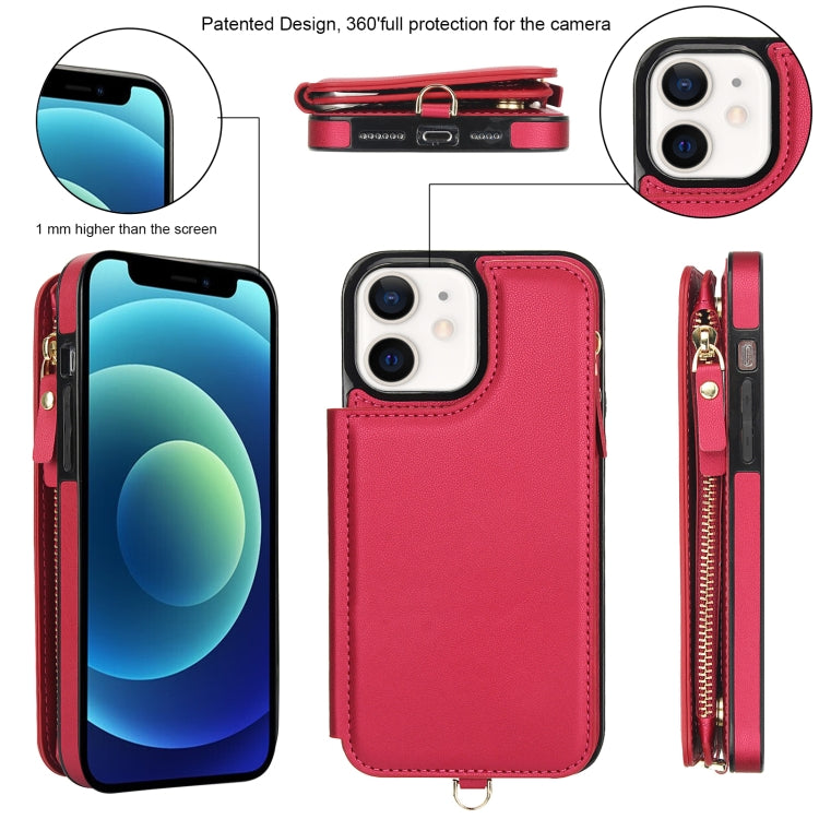 For iPhone 12 Double Flap Zipper RFID Leather Phone Case with Short Lanyard