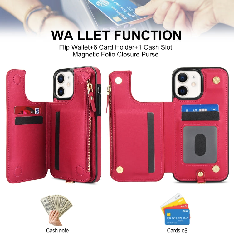 For iPhone 12 Double Flap Zipper RFID Leather Phone Case with Short Lanyard