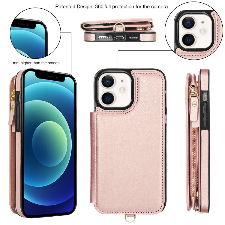 For iPhone 12 Double Flap Zipper RFID Leather Phone Case with Short Lanyard