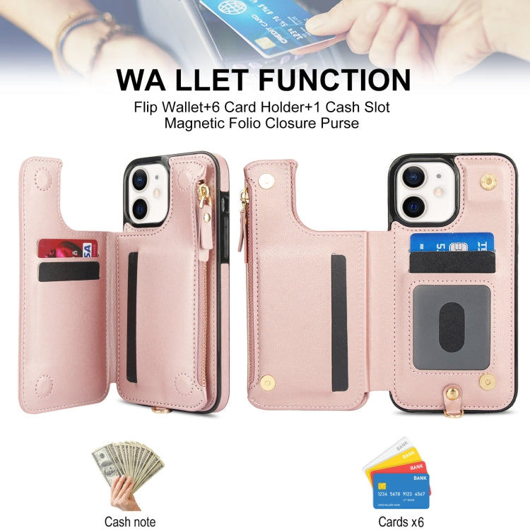 For iPhone 12 Double Flap Zipper RFID Leather Phone Case with Short Lanyard