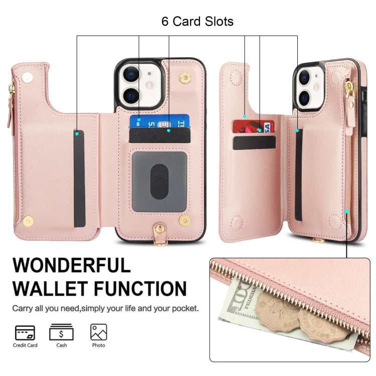 For iPhone 12 Double Flap Zipper RFID Leather Phone Case with Short Lanyard