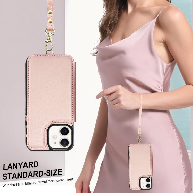 For iPhone 12 Double Flap Zipper RFID Leather Phone Case with Short Lanyard