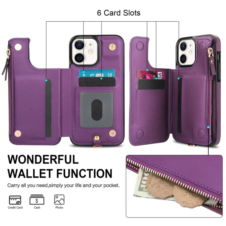 For iPhone 12 Double Flap Zipper RFID Leather Phone Case with Short Lanyard