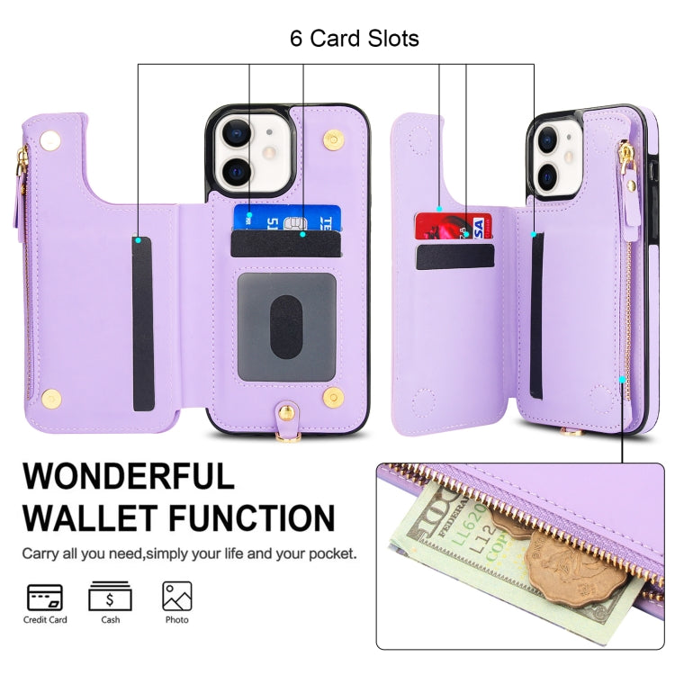 For iPhone 12 Double Flap Zipper RFID Leather Phone Case with Short Lanyard