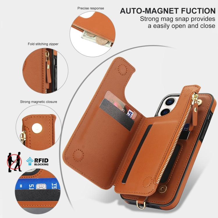 For iPhone 12 Double Flap Zipper RFID Leather Phone Case with Short Lanyard
