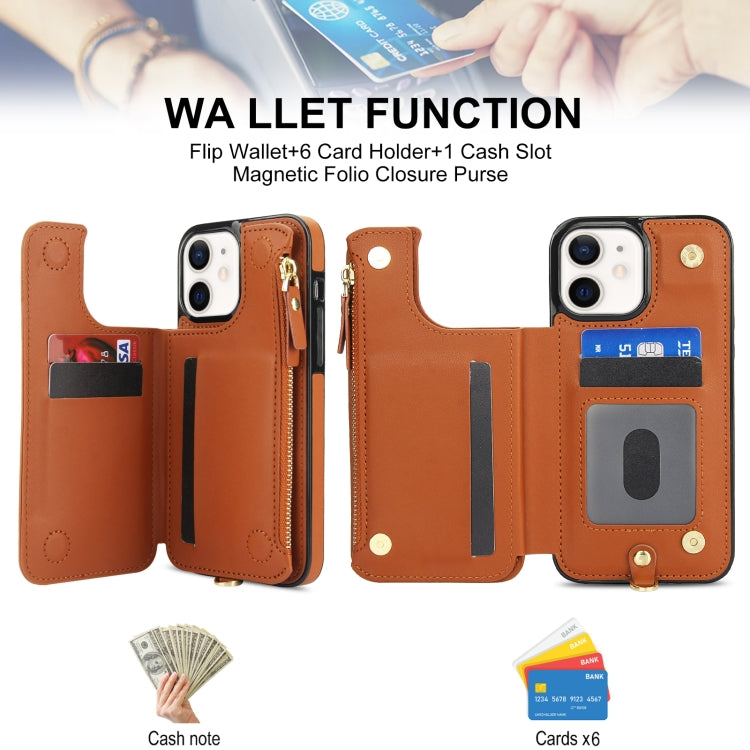For iPhone 12 Double Flap Zipper RFID Leather Phone Case with Short Lanyard