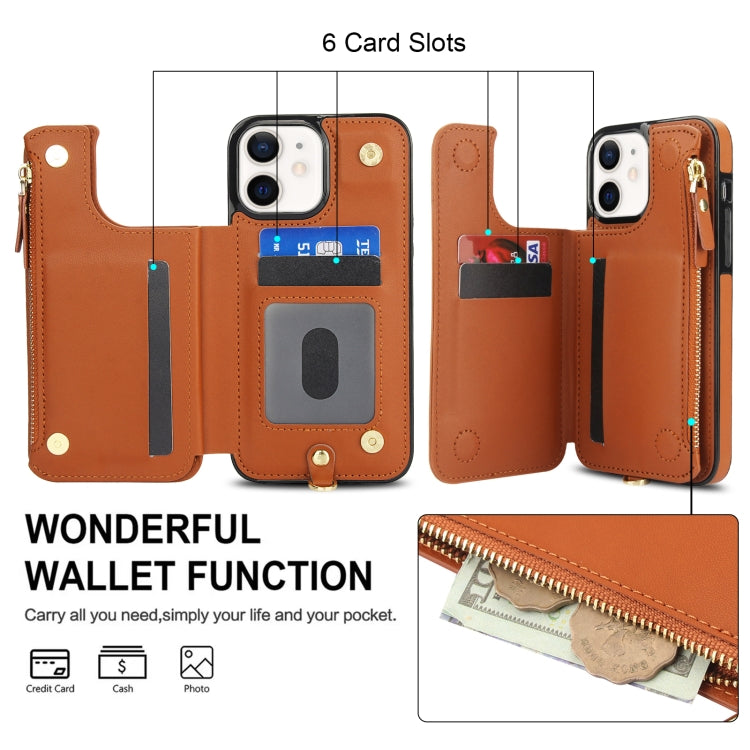 For iPhone 12 Double Flap Zipper RFID Leather Phone Case with Short Lanyard