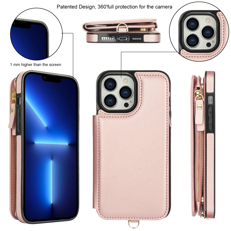 For iPhone 12 Pro Max Double Flap Zipper RFID Leather Phone Case with Short Lanyard