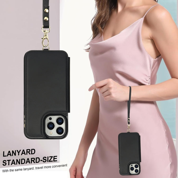 For iPhone 12 Pro Double Flap Zipper RFID Leather Phone Case with Short Lanyard