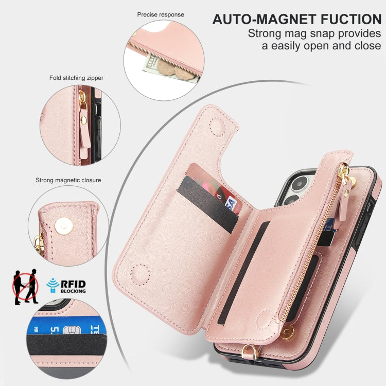 For iPhone 12 Pro Double Flap Zipper RFID Leather Phone Case with Short Lanyard
