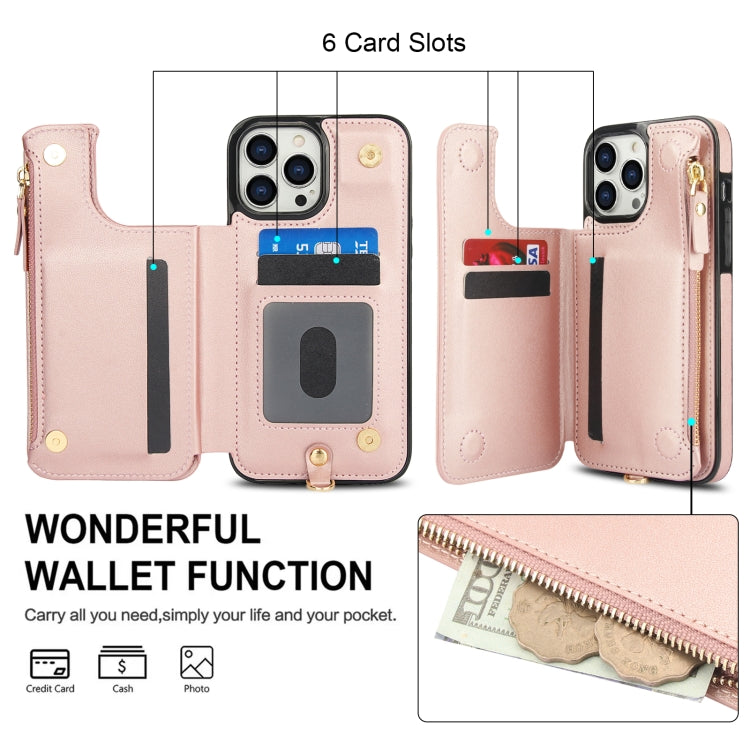 For iPhone 12 Pro Double Flap Zipper RFID Leather Phone Case with Short Lanyard