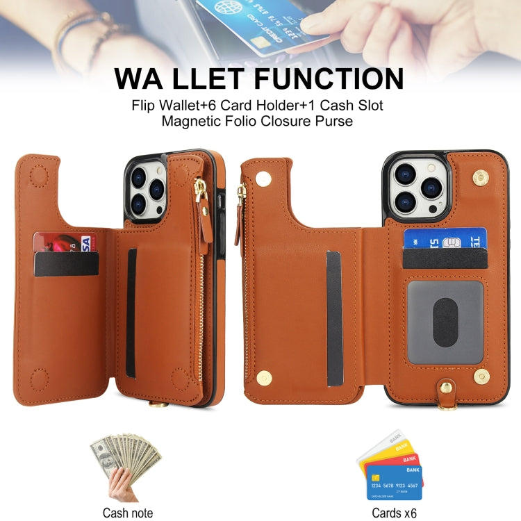 For iPhone 12 Pro Double Flap Zipper RFID Leather Phone Case with Short Lanyard