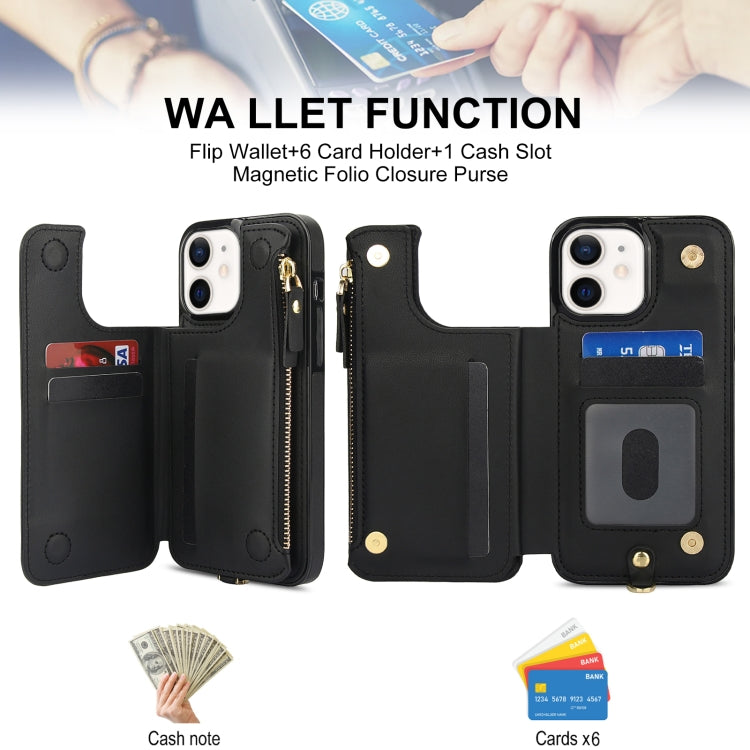 For iPhone 12 mini Double Flap Zipper RFID Leather Phone Case with Short Lanyard
