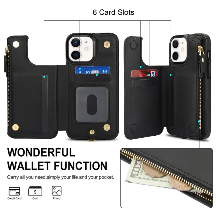 For iPhone 12 mini Double Flap Zipper RFID Leather Phone Case with Short Lanyard