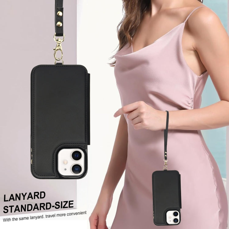 For iPhone 12 mini Double Flap Zipper RFID Leather Phone Case with Short Lanyard