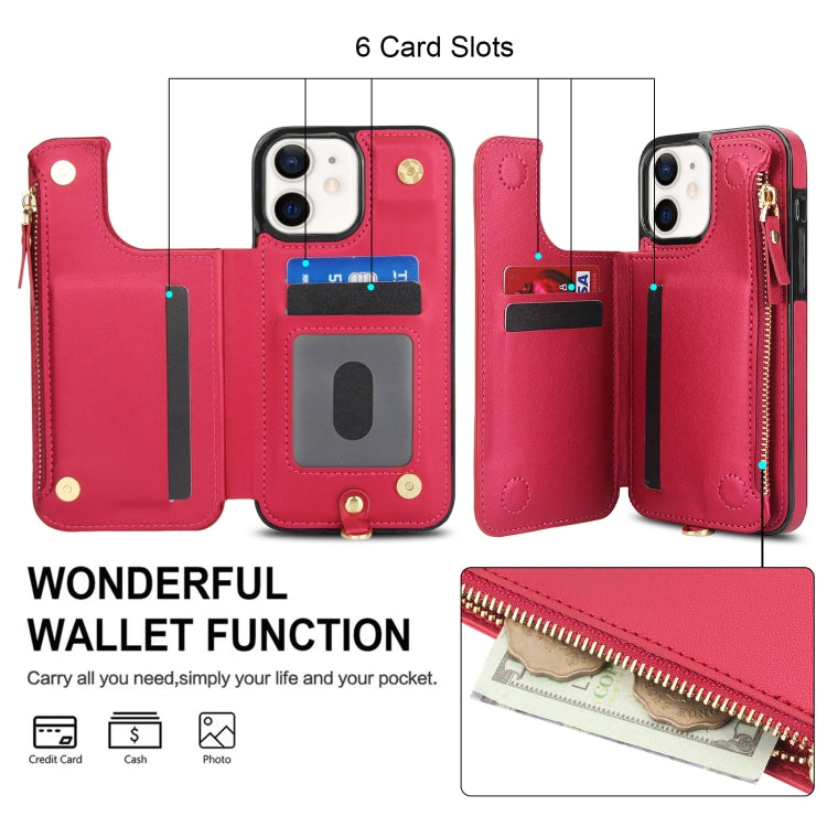 For iPhone 12 mini Double Flap Zipper RFID Leather Phone Case with Short Lanyard