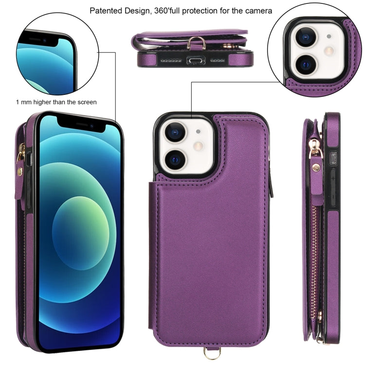 For iPhone 12 mini Double Flap Zipper RFID Leather Phone Case with Short Lanyard