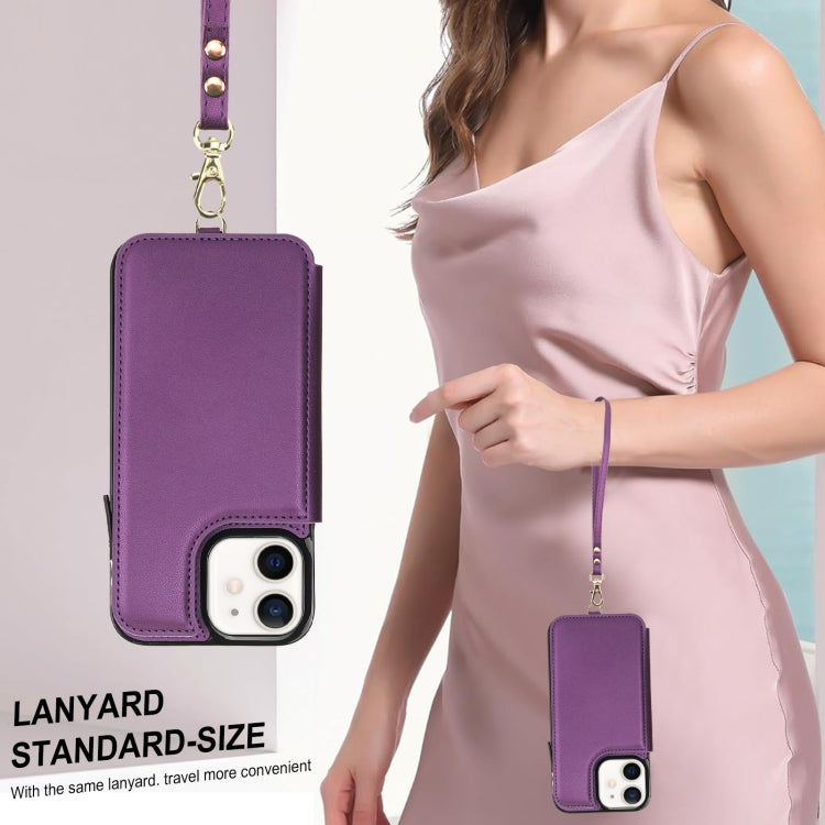 For iPhone 12 mini Double Flap Zipper RFID Leather Phone Case with Short Lanyard